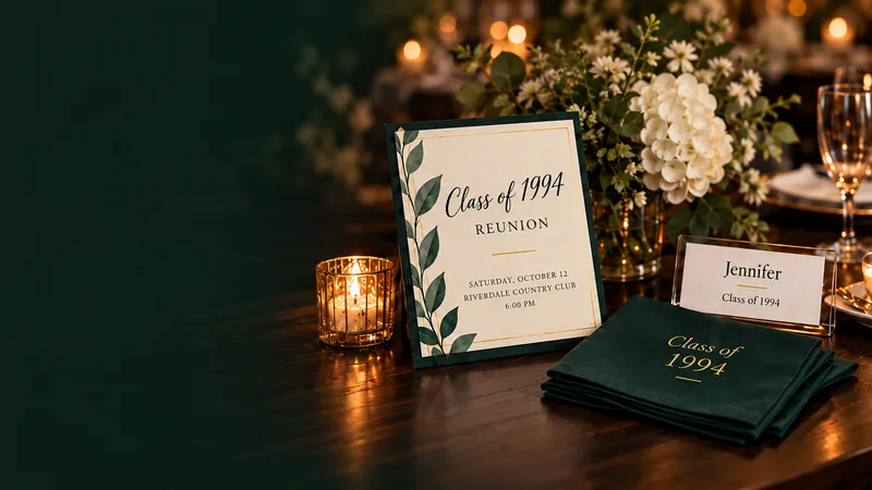 Illustrative coordinated reunion invitation, name tag, and table details