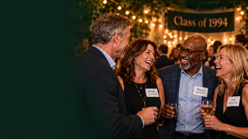 Classmates reconnecting at a warmly lit evening reunion
